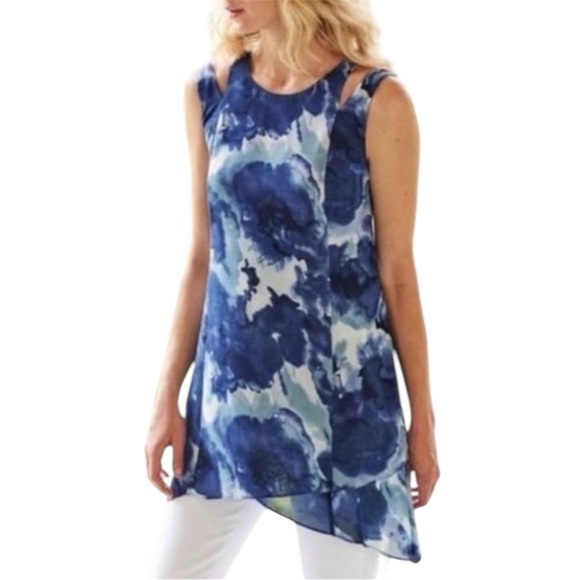 Soft Surroundings Tops - Soft Surroundings Women's Blue Slit Sleeve Asymmetrical Tunic Chiffon Blouse